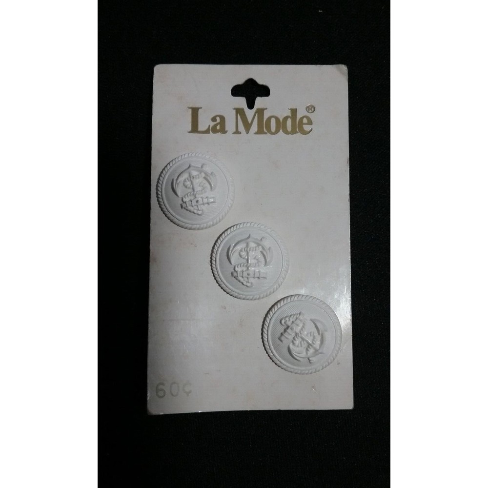 Vintage La Mode White Anchor Neutical Buttons set of 3 on Card